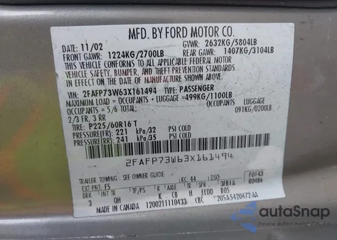 2003 Ford Crown Victoria Standard z USA, uszkodzony, nr VIN 2FAFP73W63X161494